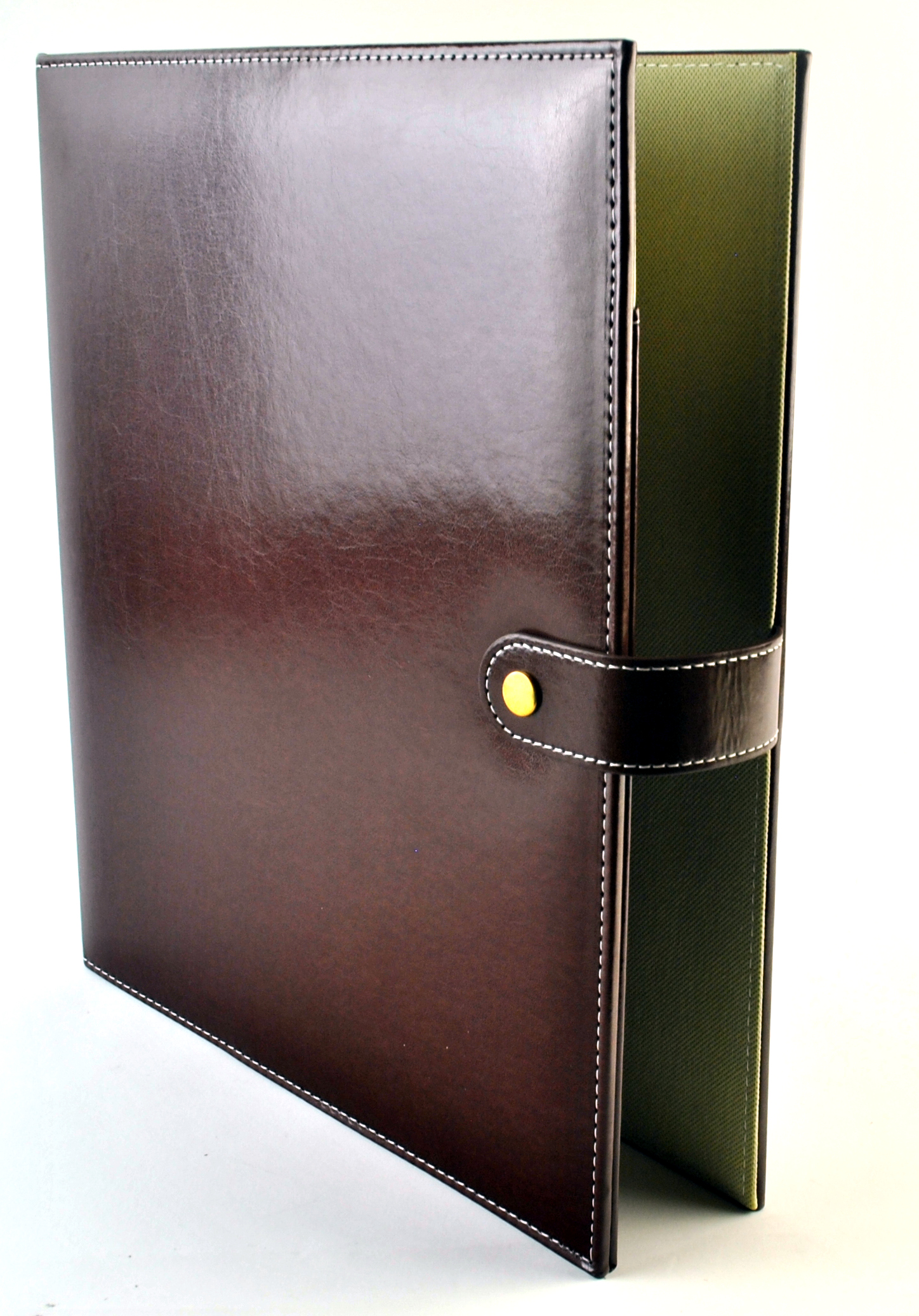 High Quality Oversized A4 Portrait Burgundy Leather effect binder with 4 D ring mechanism, button strap external closer and internal front pocket